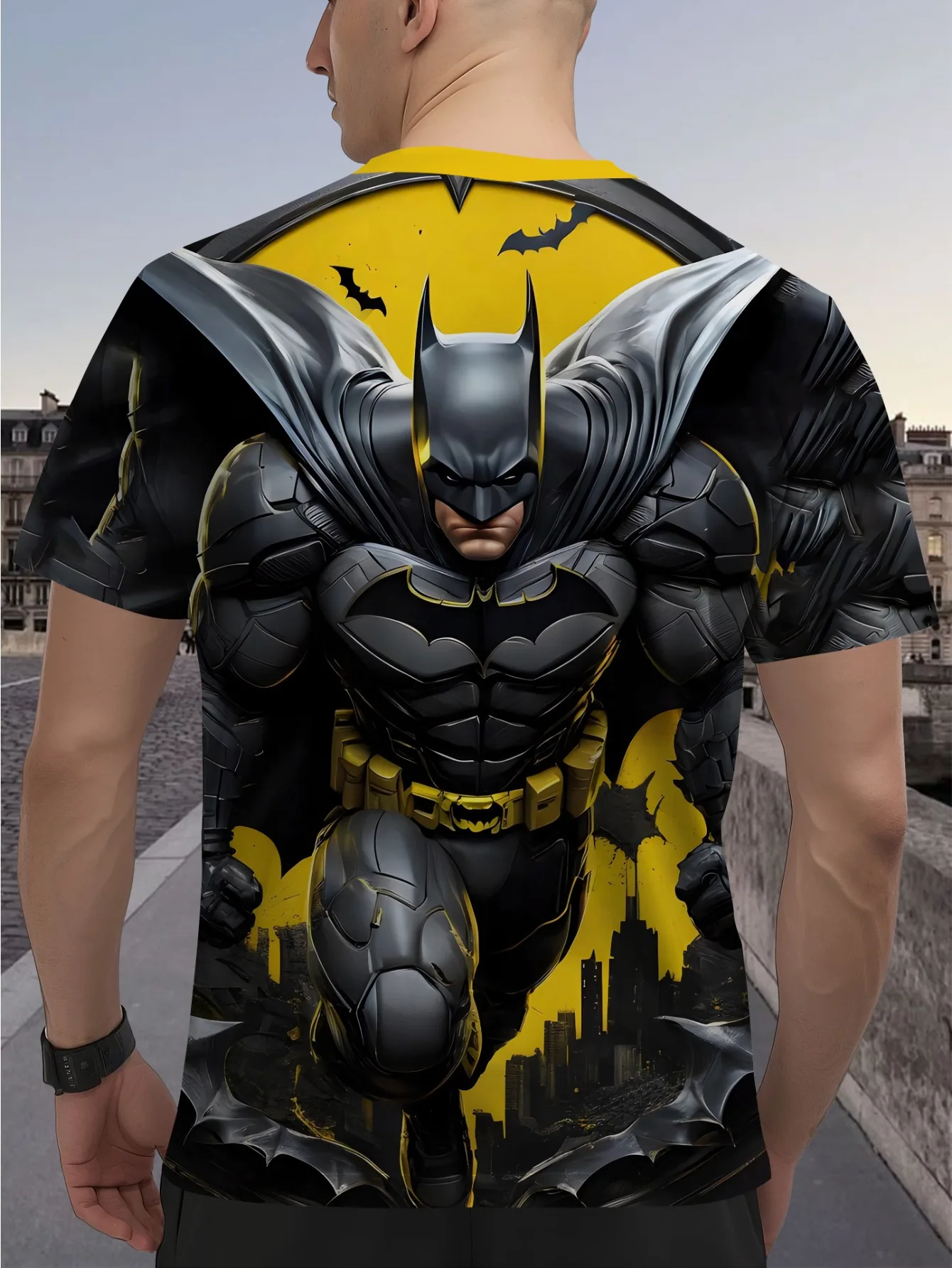 تي شيرت Marvel Men's Summer Batman أصفر وأسود اللون مطبوع ثلاثي الأبعاد تي شيرت خارق أنيمي