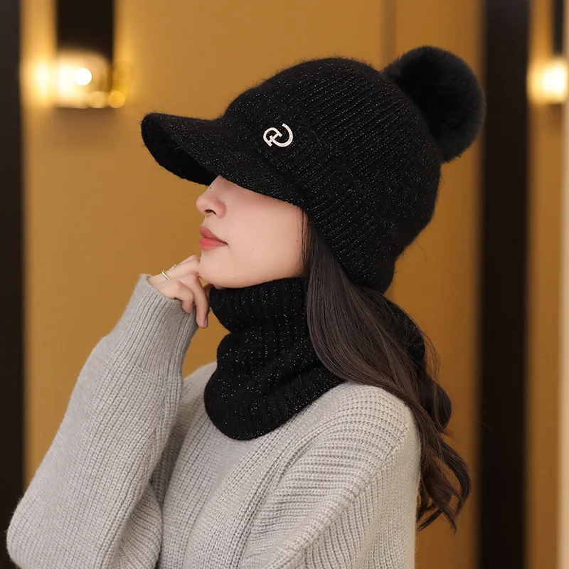 2022 New Winter Knit Cap Women Outdoor Warm Thickening Plus Velvet Loose Winter Beanies Hat with Scarf Winter Ski Mask Hat