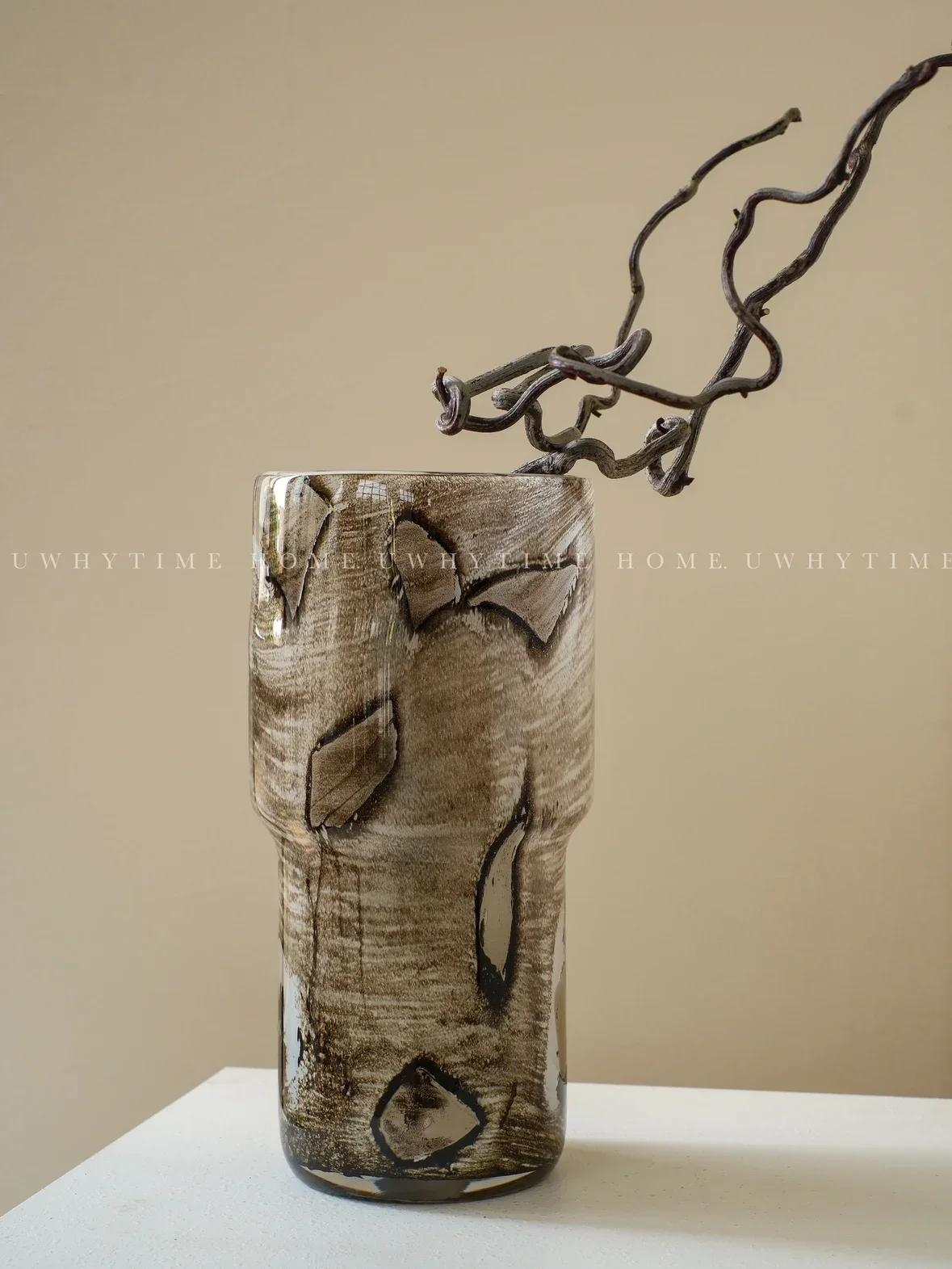 New Chinese high-end art ink texture pure handmade medieval glazed vase glass living room entrance flower arrangement
