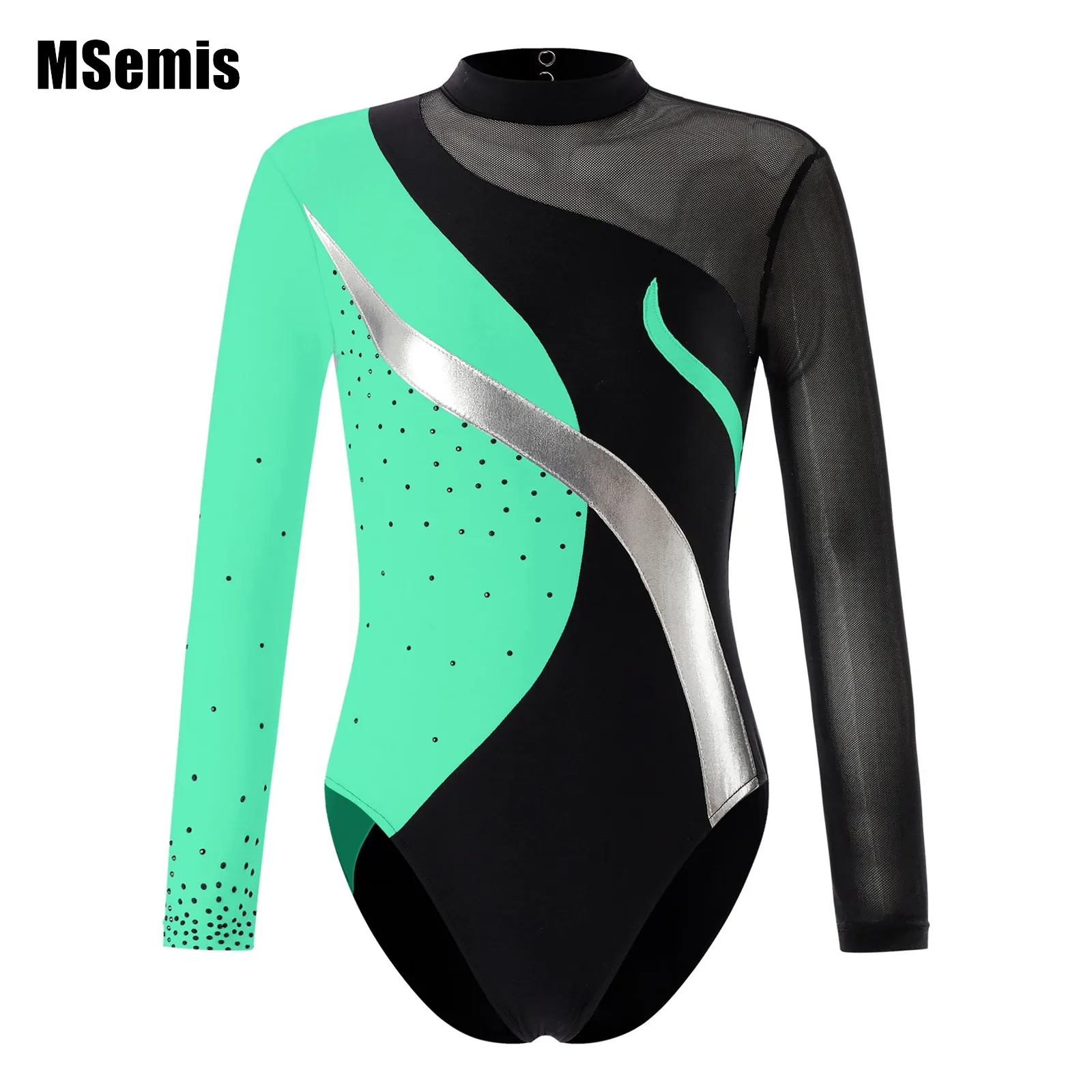 

Kids Girls Rhinestones Decorated Dance Leotard Stylish Clothing Long Sleeve Round Collar Hollow Back Patchwork Style Dancewear