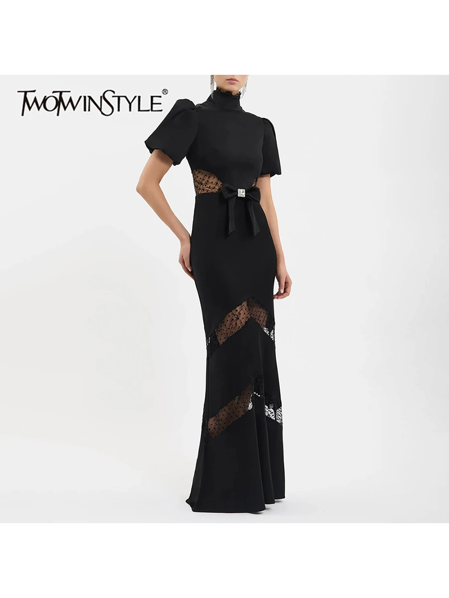 TWOTWINSTYLE Diamond Bow Spliced Lace Slimming Maxi Dress for Women High Collar Short Sleeve Patchwork Zipper Dresses Female New