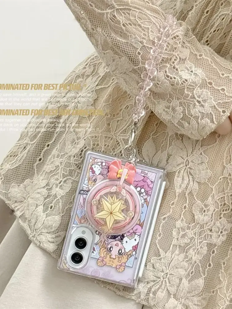 Urocze różowe etui na telefon z motywem kawaii dla dziewczyn, składane magnetycznie, do Samsung Galaxy Z Fold 8 Ultra, z funkcją stojaka i łańcuszkiem, kompatybilne z Magsafe. — zdjęcie produktu 7