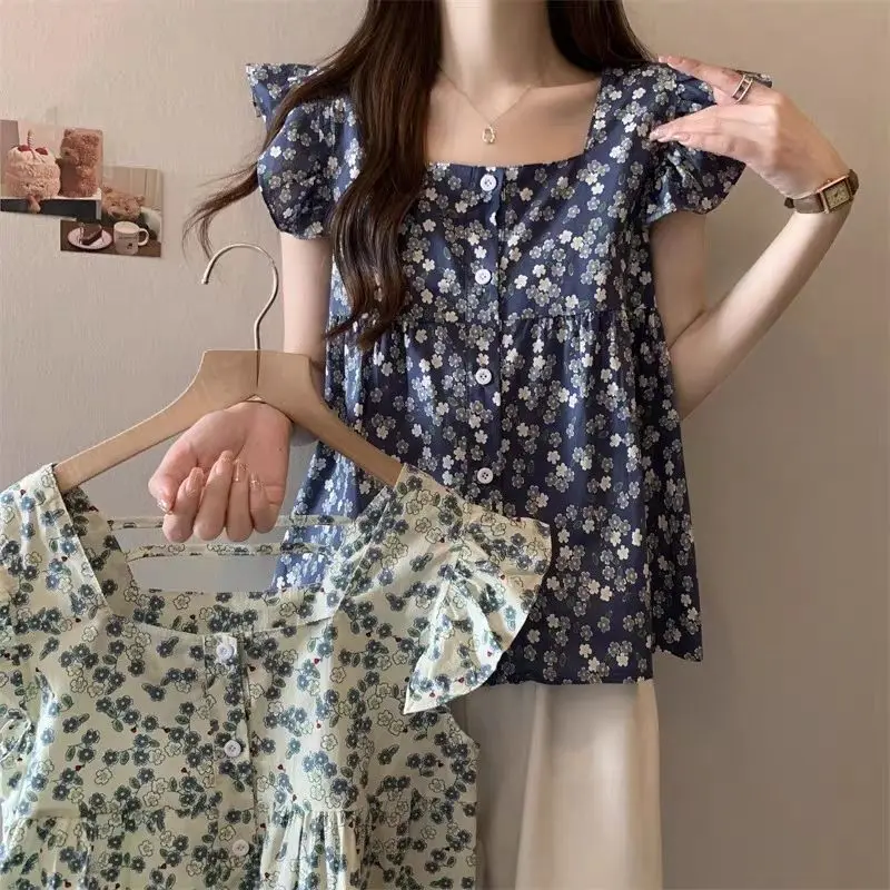 

Sweet Floral Print Loose Women's irt Summer New Sle Korean Version Square Collar Small Flng Sve Top for plus Size