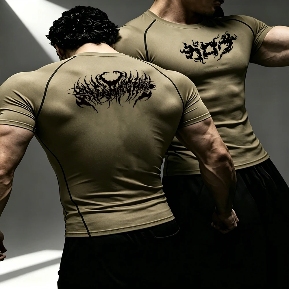 Summer Men's Compression Sports Training T-Shirt Quick Dry Gym Running Workout Short Sleeve Top Gothic Flame Thorn Letter Print