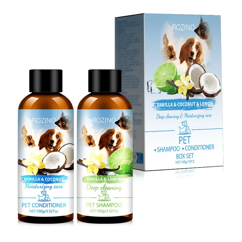 Kit per toelettatura animali domestici 100g Shampoo al limone + 100g Balsamo al cocco, Deodorante Fragranza a lunga durata per cani e gatti