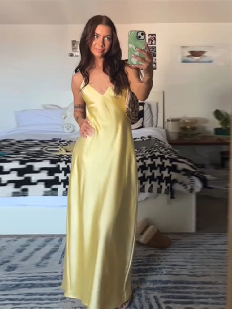  Yellow Satin Blend Sling Dress Women Elegant Sling Collar Backless Long Dresses 2025 Women New Lady Beach Vacation Robes