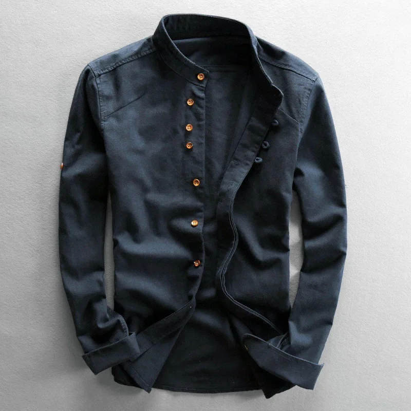 Men Cotton Linen Shirt Formal Retro Chinese Style Long Sleeve Mandarin Collar Casual Shirts Soft Comfort Clothing 7XL