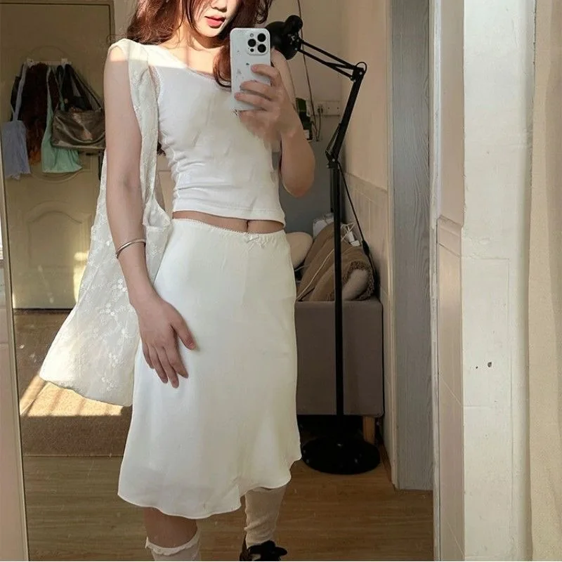 White A-Line  Skirt Women's Spring Summer 2025 Versatile High Waist Slimming High-End Feeling Wrap Body Casual Style