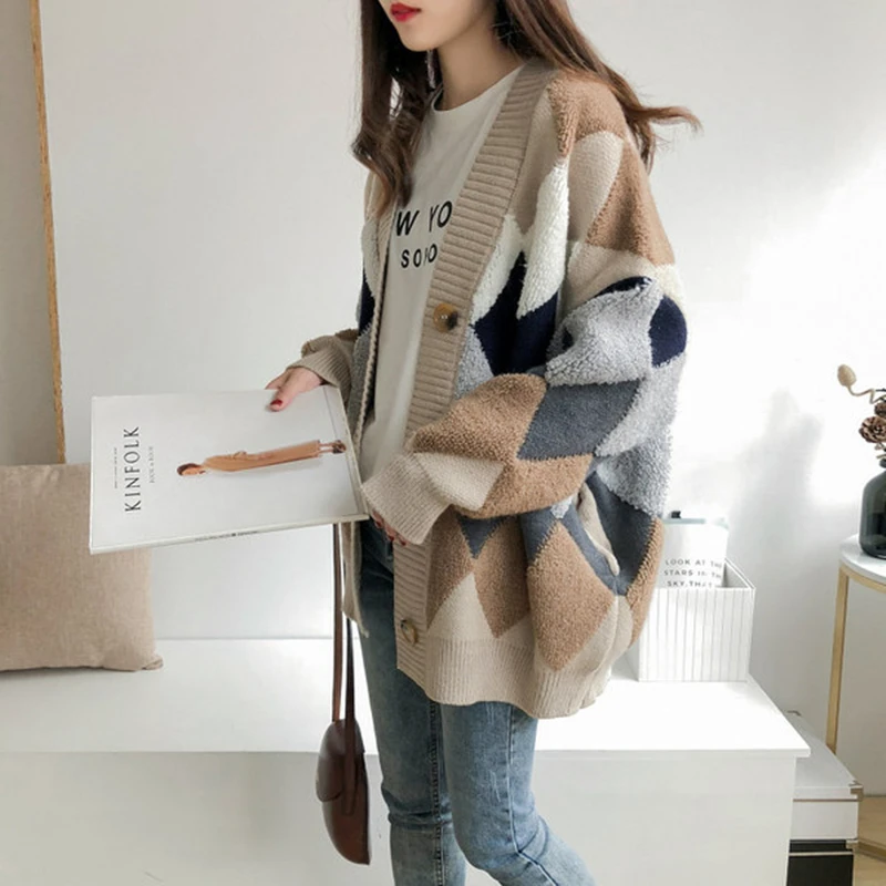 Women Autumn Fashion Trend Loose Geometric Knitting Cardigan Women Clothes Korean Simplicity All-match Long Sleeve Warm Knitwear