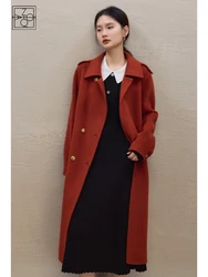 ZIQIAO British Style 100% Wool Red Double-sided Woolen Coat for Women 2023 Winter Niche Design Commuter Long Wool Coats Female