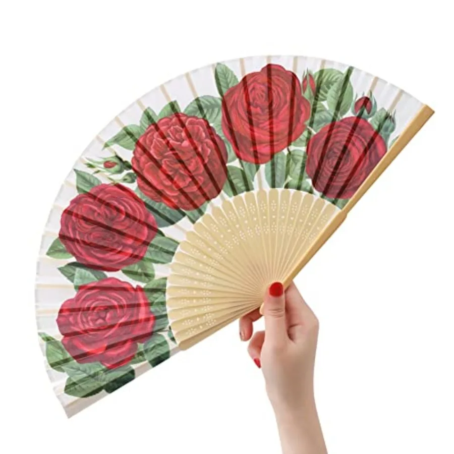 HeyToo Women Pretty Hand Fan Bamboo Printed Pattern Folding Fan Wedding Party Themed Anniversary Accessory Red Rose