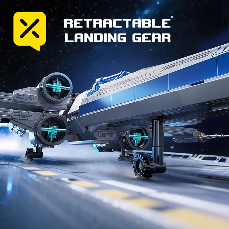 مجموعة مكعبات بناء مقاتلة الفضاء X-Wing أجنحة ربط ميكانيكية قابلة للسحب معدات الهبوط LED ضوء الطوب مع الطيار للأطفال