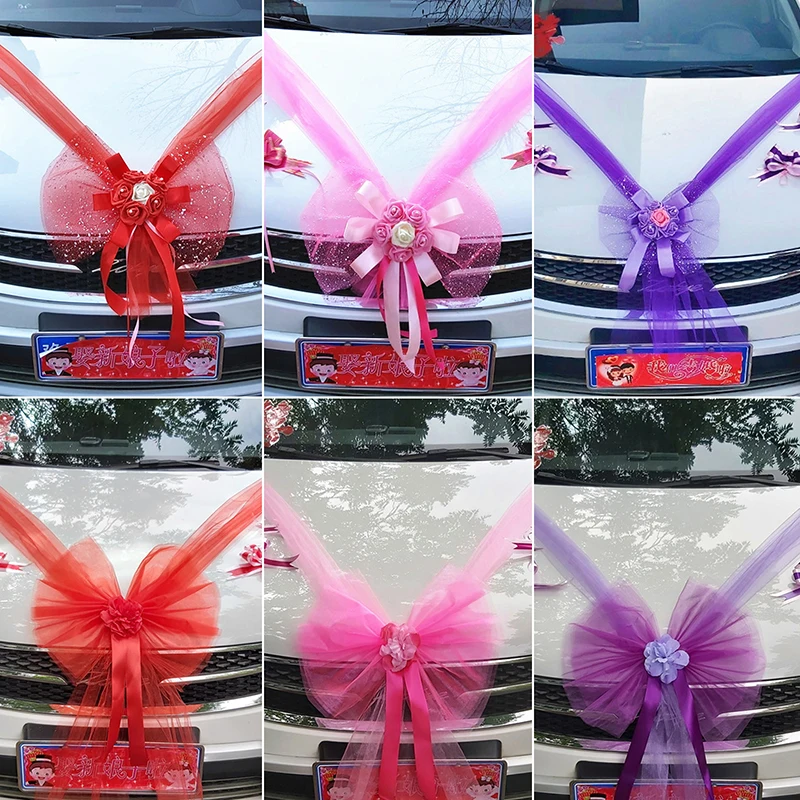 1Set Artificial Flower Pull Flowers Veils Bows for Wedding Car Decoration Bridal Car Decorations Door Handle Ribbons Silk Flower