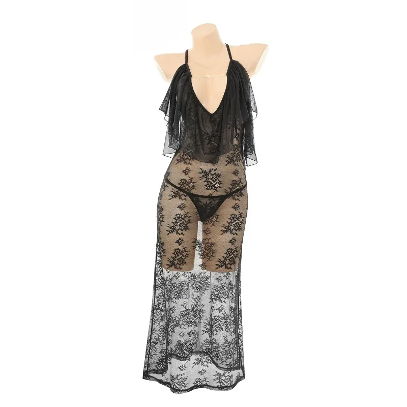 Sexy Deep V Lace Mesh See Through Dress Women Backless Black Dark Goddess Uniform Witch Role Play Outfits Nightdress Underwear
