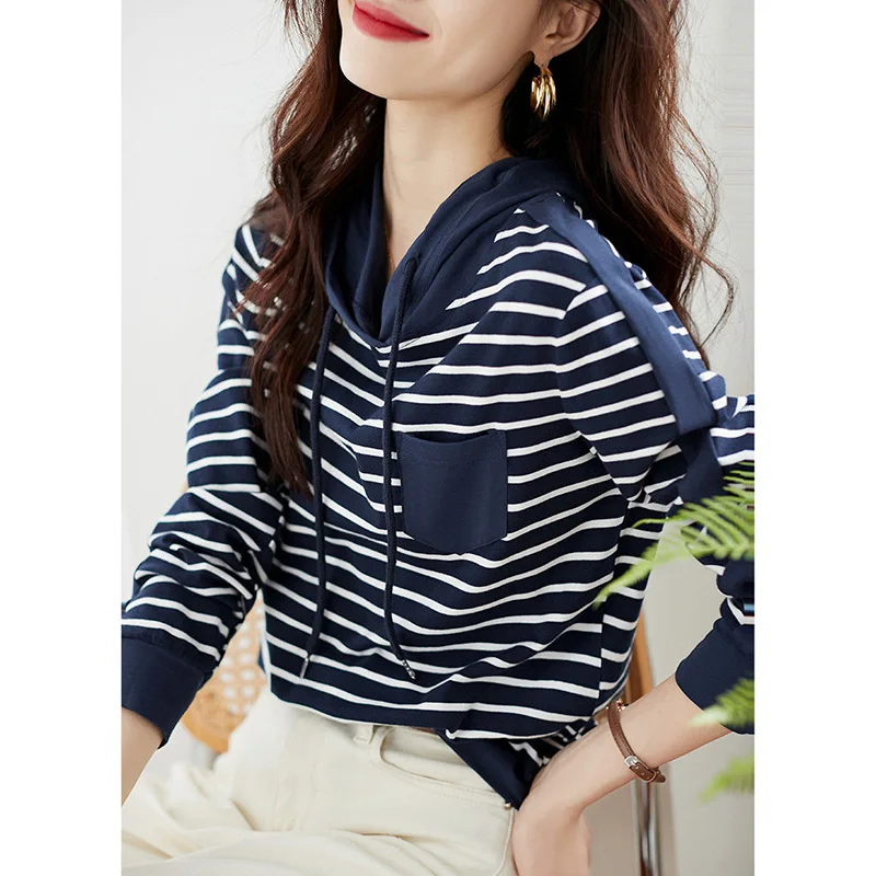 Fashion Hooded Spliced Loose Pockets Striped Blouse Female Clothing 2023 Autumn New Casual Pullovers All-match Commute Shirt