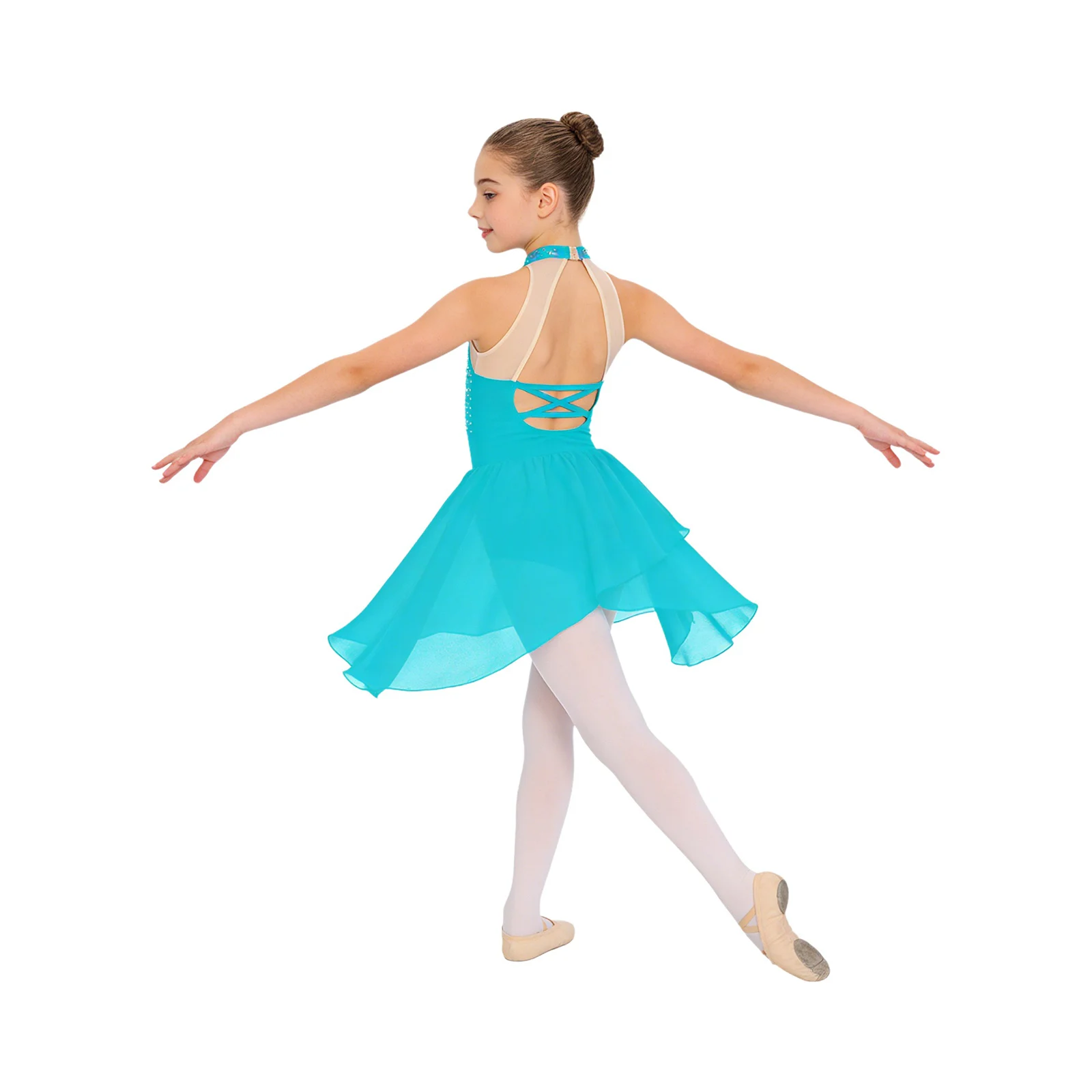 Kids Girls Lyrical Contemporary Dance Dress Rhinestone Sleeveless Sheer Mesh Ballet Jersey Figure Skating Gymnastics Leotard