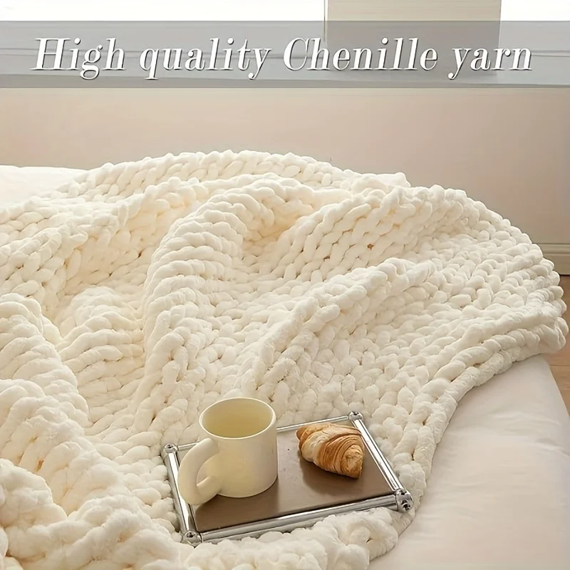 Comfortable Chunky Knit Blanket Soft Hand Knit Chenille Throw Blanket Thick Cable Blanket With Chenille Yarn Rope Knot Blanket