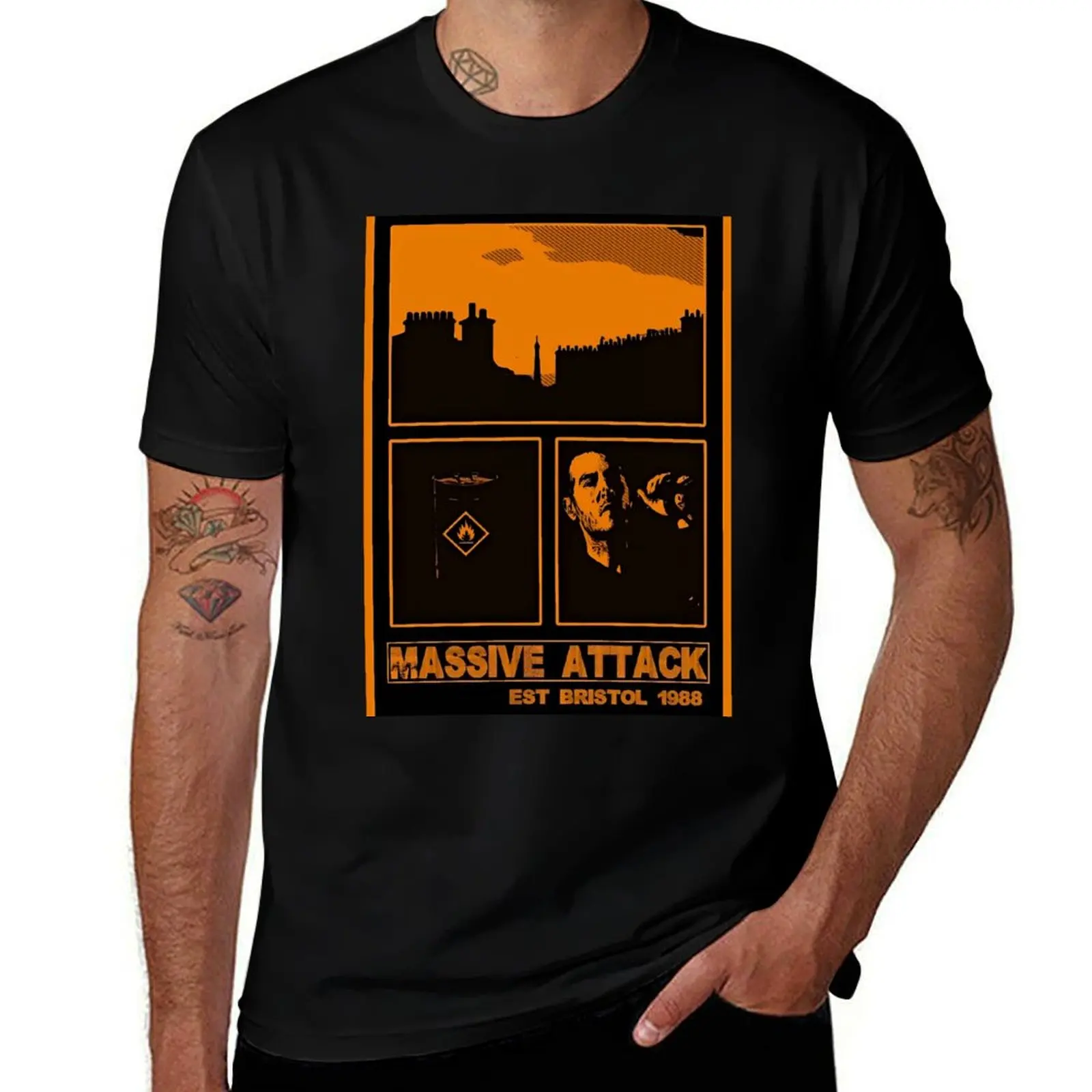 MASSIVE ATTACK BRISTOL COLLAGE PRINT ORANGE T-Shirt Stain Resistant Casual Tee T-Shirt