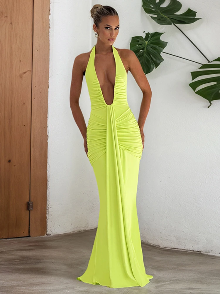 Weird Puss Backless Tassel Dress Women Peach Buttock Pleated Patchwork Solid Halter Sleeveless Midnight Clubwear Party Vestidos