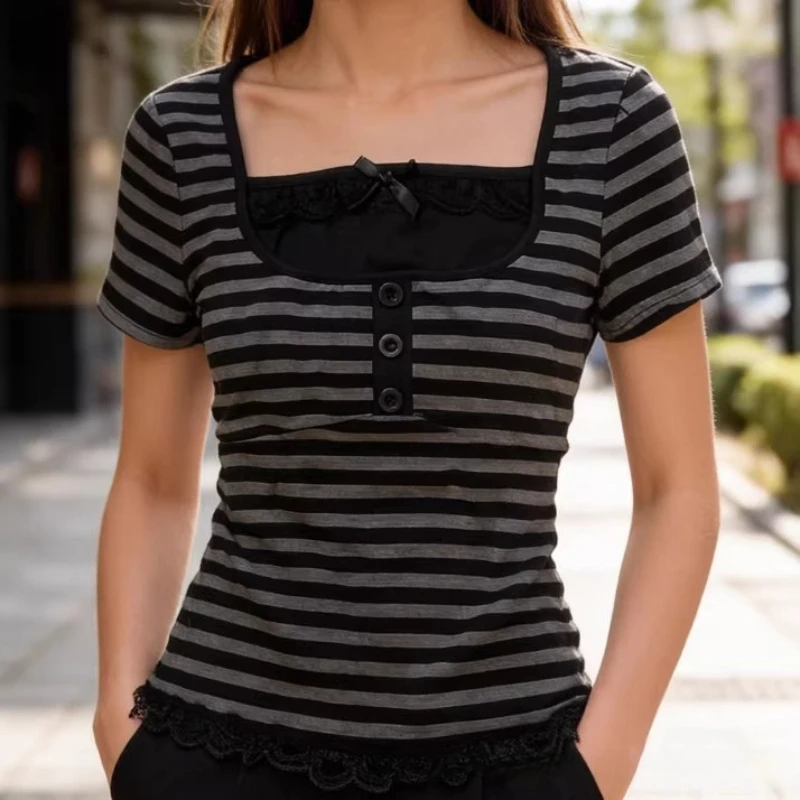 Striped Lace Trim T-Shirt, Y2K Harajuku Style Slim Fit Top with Square Neck, Bow & Button Detail Short Sleeve Tee for Streetwear