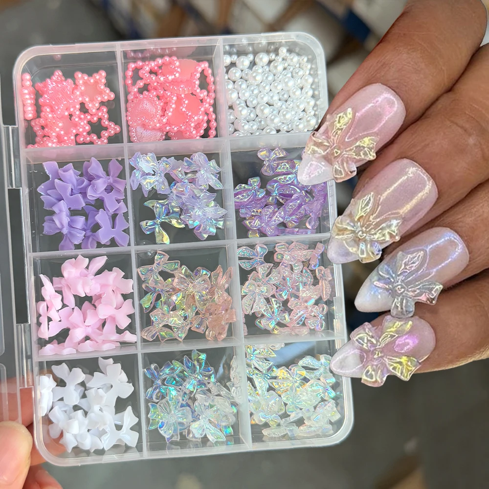 12칸 3D 혼합 오로라 리본 네일 아트 장식 플랫백 레진 리본 진주 하트 별 네일 참 DIY 공예 매니큐어 용품