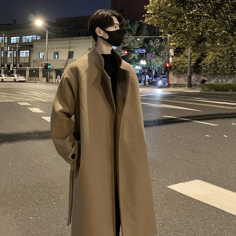 IEFB Overknee Men's Woolen Overcoats Casual Stand Collar Belt Buttonless Loose Korean Style Male Solid Color Trench Tide 9C8171