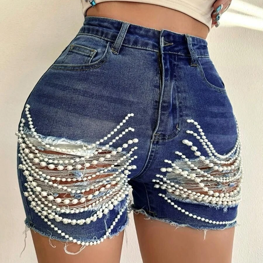 

Denim Shorts Women Hole Jeans Ripped Pearl Chain Pockets Sexy Mom Vintgae Party Short Pants High Waist Denims Streetwear 2025
