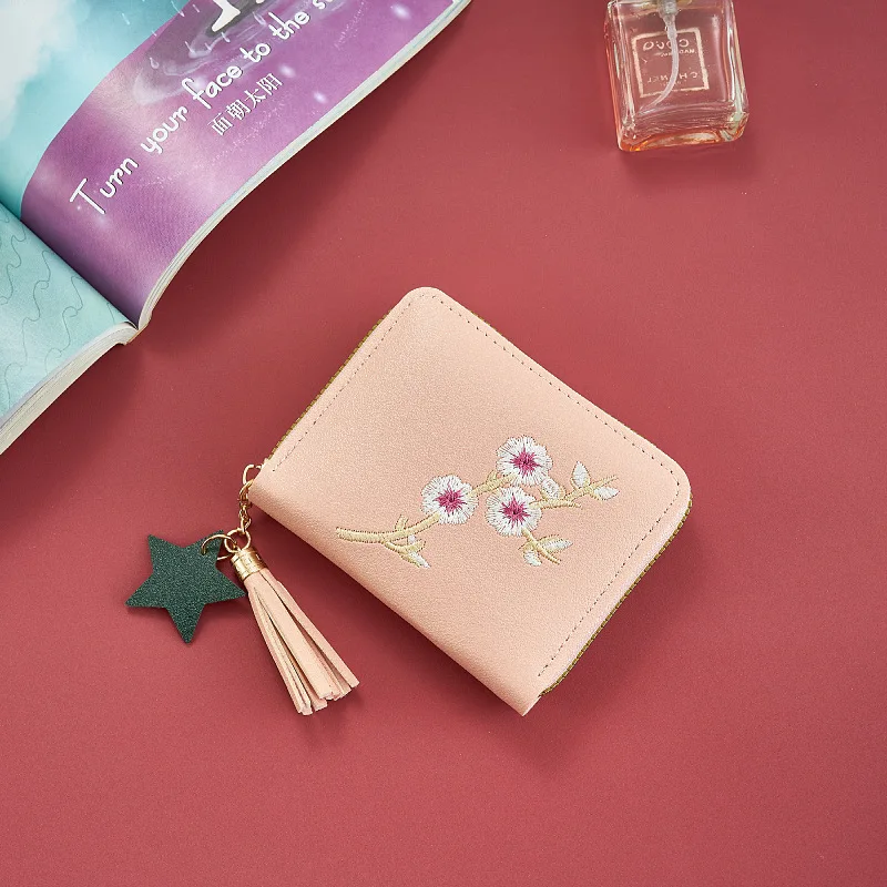 New Fashion Versatile Zipper Short Wallet For Women Su Embroidery Flower Card Pouch Coin Purse Portable Bag Charm Accessory