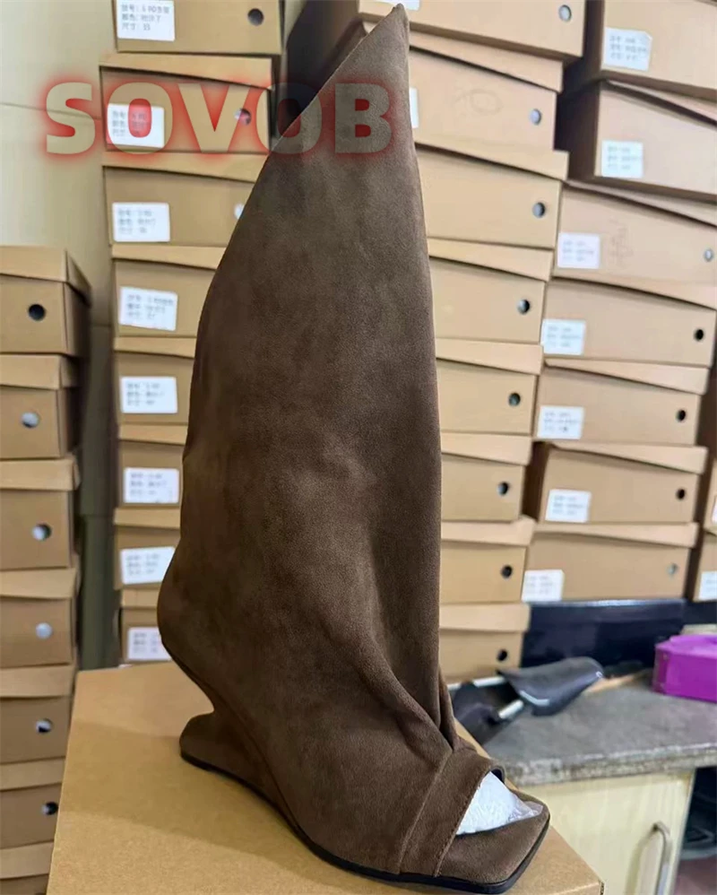 Unique Sculptural Wedge Boots, Square Open Toe Mid-Calf Boots, Women's Unique Statement Footwear,Trendy Party And Runway Boots