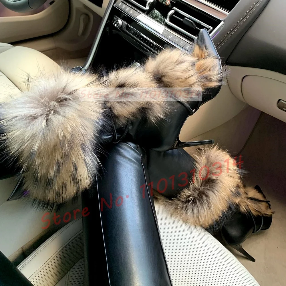 Real Fur Fluffy Mid-calf Boots Ladies Fashion Sexy Cross-tied Pointy Winter High Heel Shoes Women Luxury Big Size Stiletto Boots