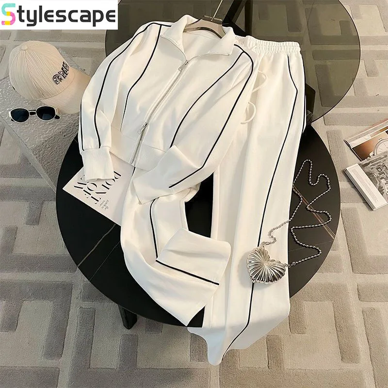 

Sports Suit for Women, Autumn Fashion, Casual, Age Reducing, Western-style Zipper Sweatshirt, Wide Leg Pants Two-piece Set pants