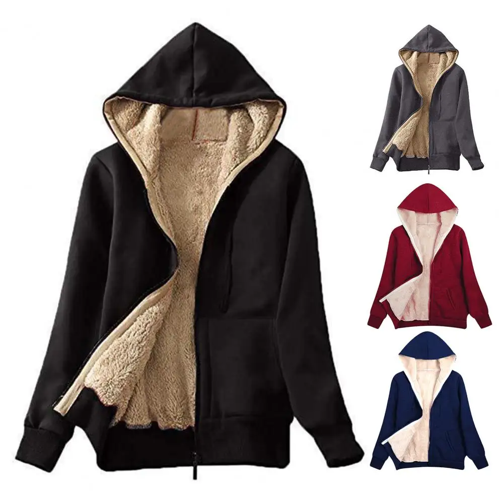 Lady Thick Coat Cozy Fleece-lined Winter Hoodie with Pockets for Women Stylish Zip-up Coat with Drawstring Hem Elastic Cuffs