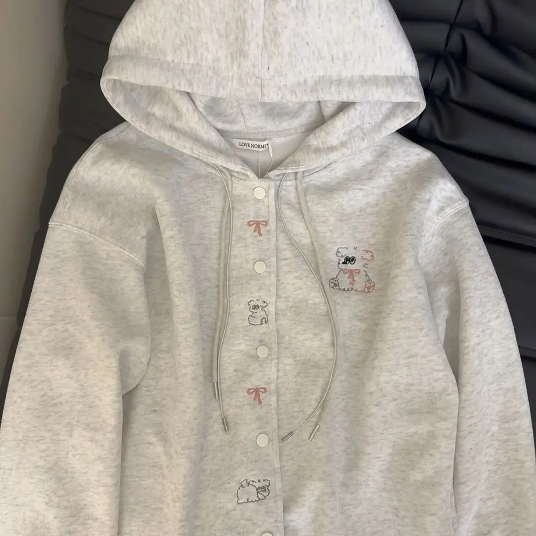 Hoodies Women Single Breasted Lovely Sweet Autumn Winter Hooded Zip-up Sweatshirts Puppy Embroidery Age-reducing Korean Fashion