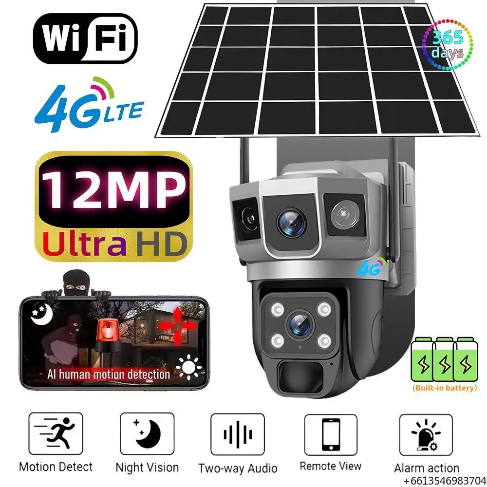 Regis 4G Sim Card IP WIFI CCTV 12MP Dual Lens 3 Screen PTZ Auto Tracking 6K Security Surveillance V380 Pro Solar Camera