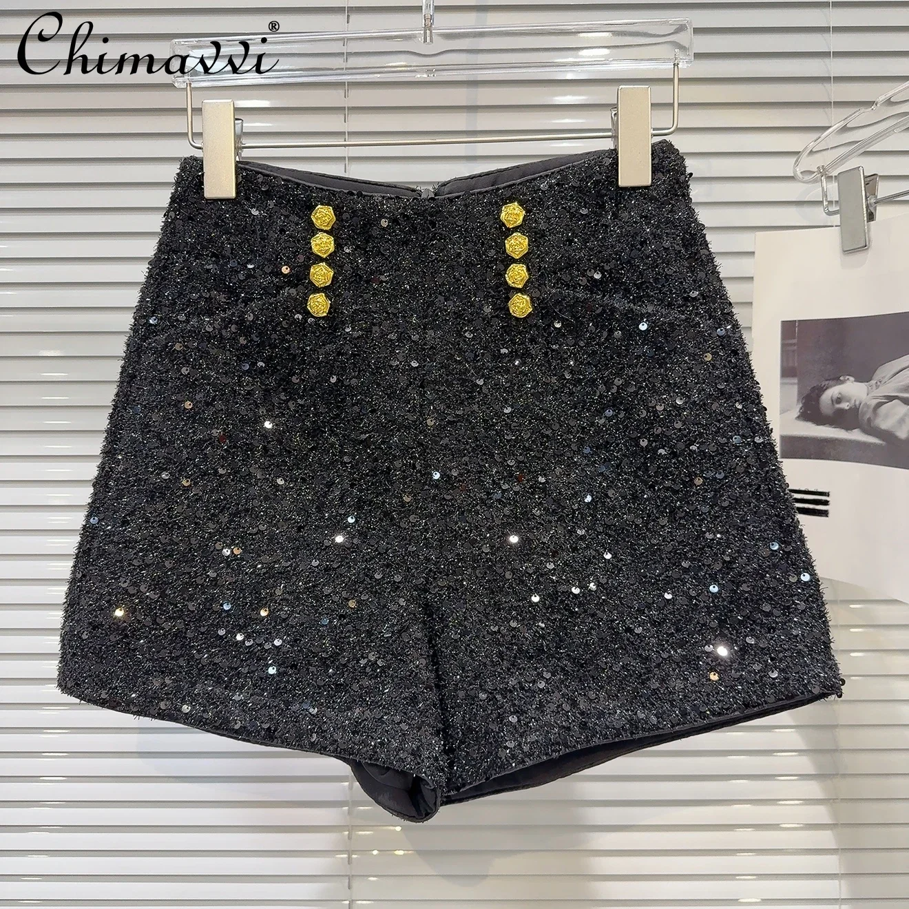 Short en tweed à double boutonnage pour femme, pantalon court élégant pour fille, bottes à trois points, métal brillant, nouvelle mode, chaud, hiver