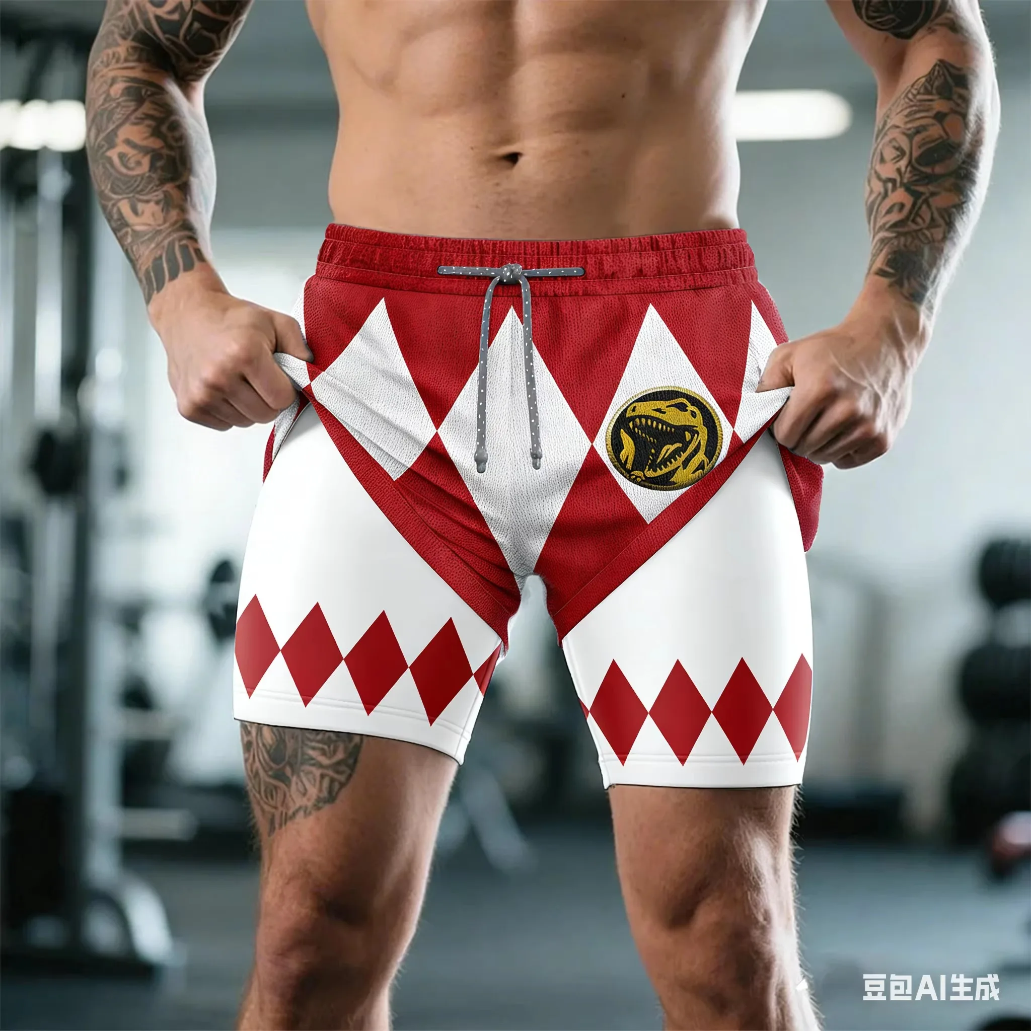 Bandai Periphery Power Rangers Men's Double Layer 2-In-1 Performance Gym Shorts Summer Quick-Dry Comfy Lightweight Beach Shorts