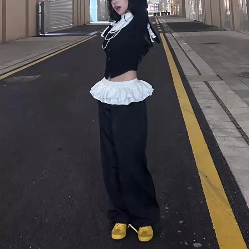 Deeptown Y2k Black Vintage Women Skirt Pants Kawaii Patchwork Harajuku Korean Style Sweatpants Wide Leg Baggy Trousers Youthful