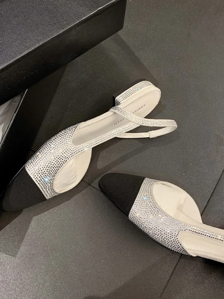 

Summer Patchwork Crystal Women Shoes Round Head Slip on Sandals Fashion Low Heel Slingback Zapatos Mujer
