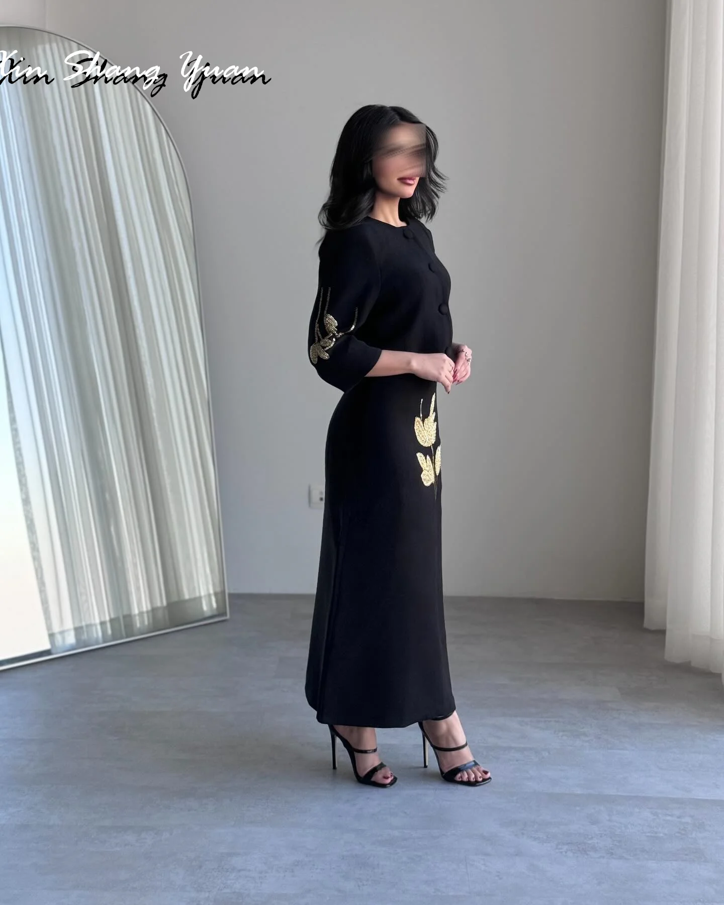 Vestido de noche personalizado, Jersey exquisito, cuello redondo, mangas 3/4, vestidos de graduación, delicados, corte en A, hasta el tobillo, botones, vestidos de fiesta