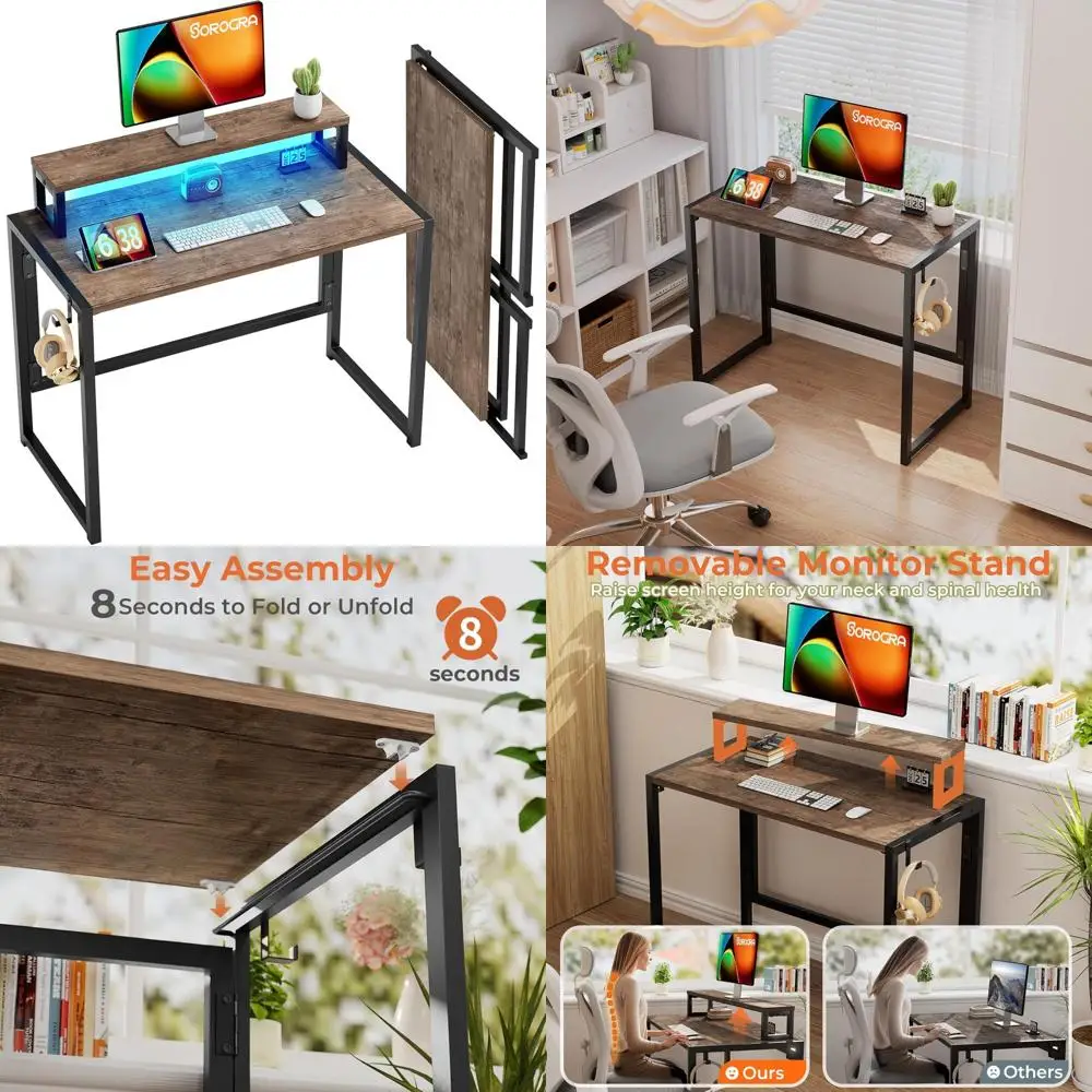 

Portable 31.5 Inch Folding Desk with LED Lights and Monitor Stand for Home Office Use