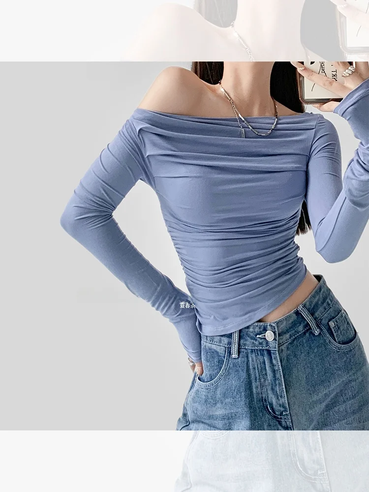 

Ele Summer Spring Tea Pure Desire Folded oulder Slant Collar Base irt Women's T-irt Sve Long ort Sle Fit