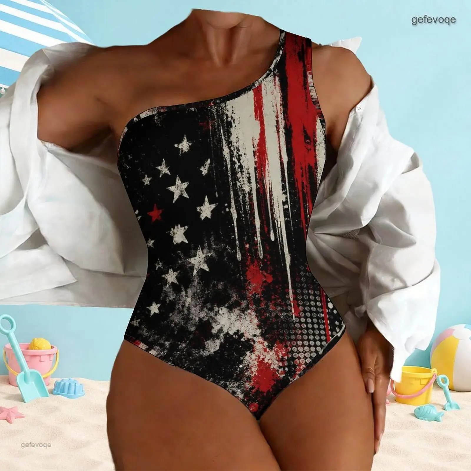 Women One Shoulder One Piece Asymmetric Neck Printed Swimsuit