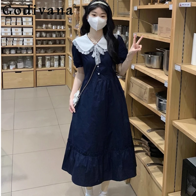 

Female Summer Plus Size College Sweet Peter Pan Collar Short Sleeve Dress Age Reducing Lace High Waist Navy Blue Long Dresses
