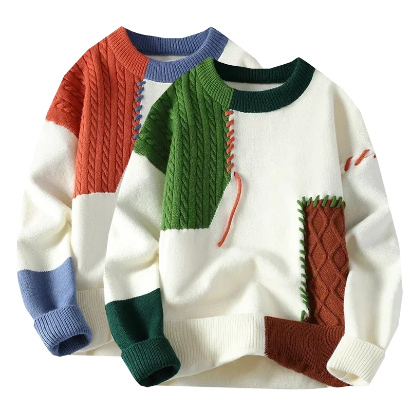 

2026 Fall Winter Warm Men Sweaters Patchwork Pullovers Round Neck Knitted Sweater Men Women Knitwear Christmas Sweater Lover 3XL