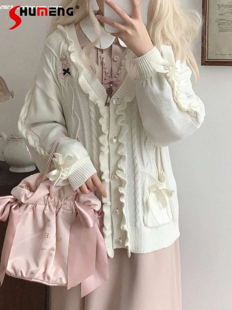 Sweet Ruffles Love Button Strap Bow Rabbit Embroidery Knit Cardigan Woman 2023 Autumn New Cute Girl Long Sleeve Knitted Cardigan