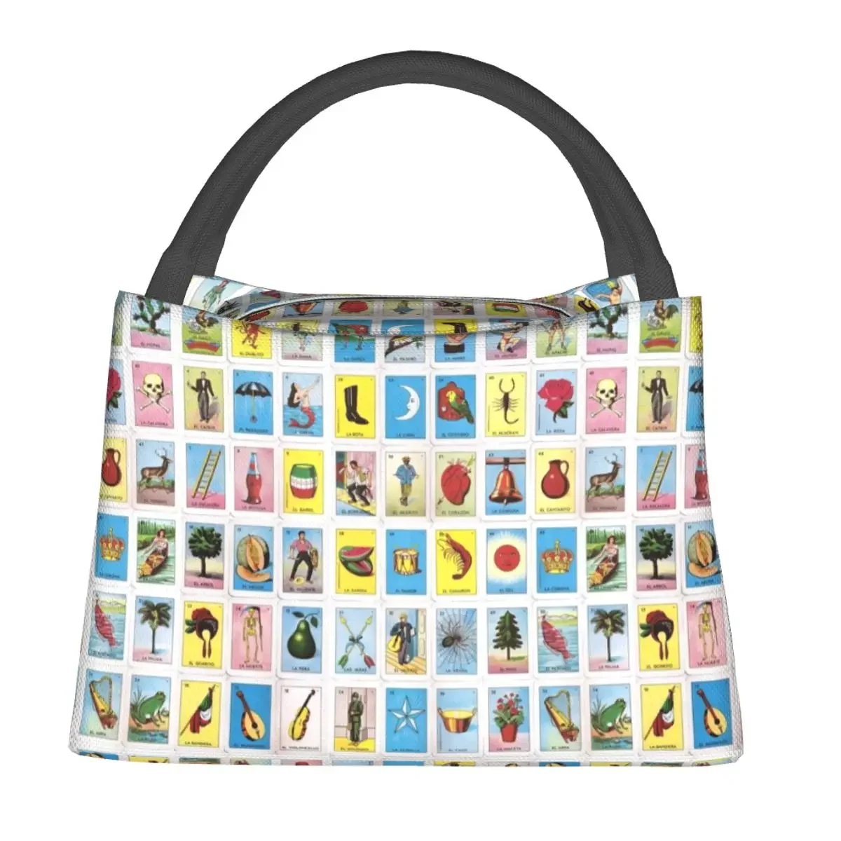 Colorful Mexican Loteria Cards Lunch Bag Funny Kawaii Lunch Box Outdoor Picnic Portable Thermal Tote Handbags Print Cooler Bag