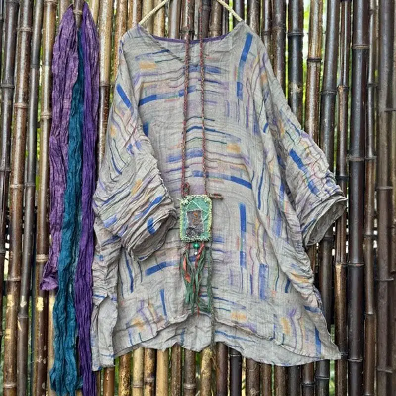 Printemps été Arts Style femmes col en v ample Long T-shirt mince Ramie Plaid imprimé Vintage T-shirt femmes hauts de haute qualité T56