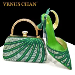 Venus Chan 2025 New Green Colour Pointed-Toe Diamond-Studded Party Women's High Heels Gorgeous Parties Shoes and Bag to Match
