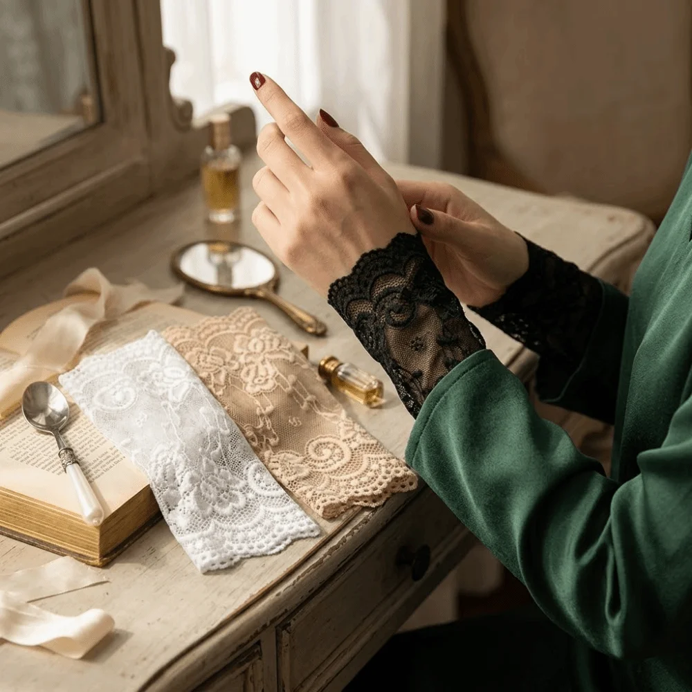 

Embroidered Lace Detachable Fake Sleeves Hollow Out Elastic Lace Fake Sleeves Cuff Sun Protection Mesh Wrist Cuffs Photography