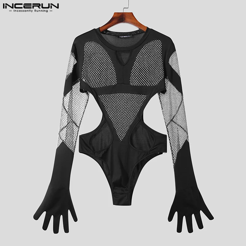 INCERUN Men Bodysuits Mesh Patchwork Transparent Fitness Hollow Out Rompers T Shirt Men Gloves O-neck Long Sleeve Bodysuit S-5XL